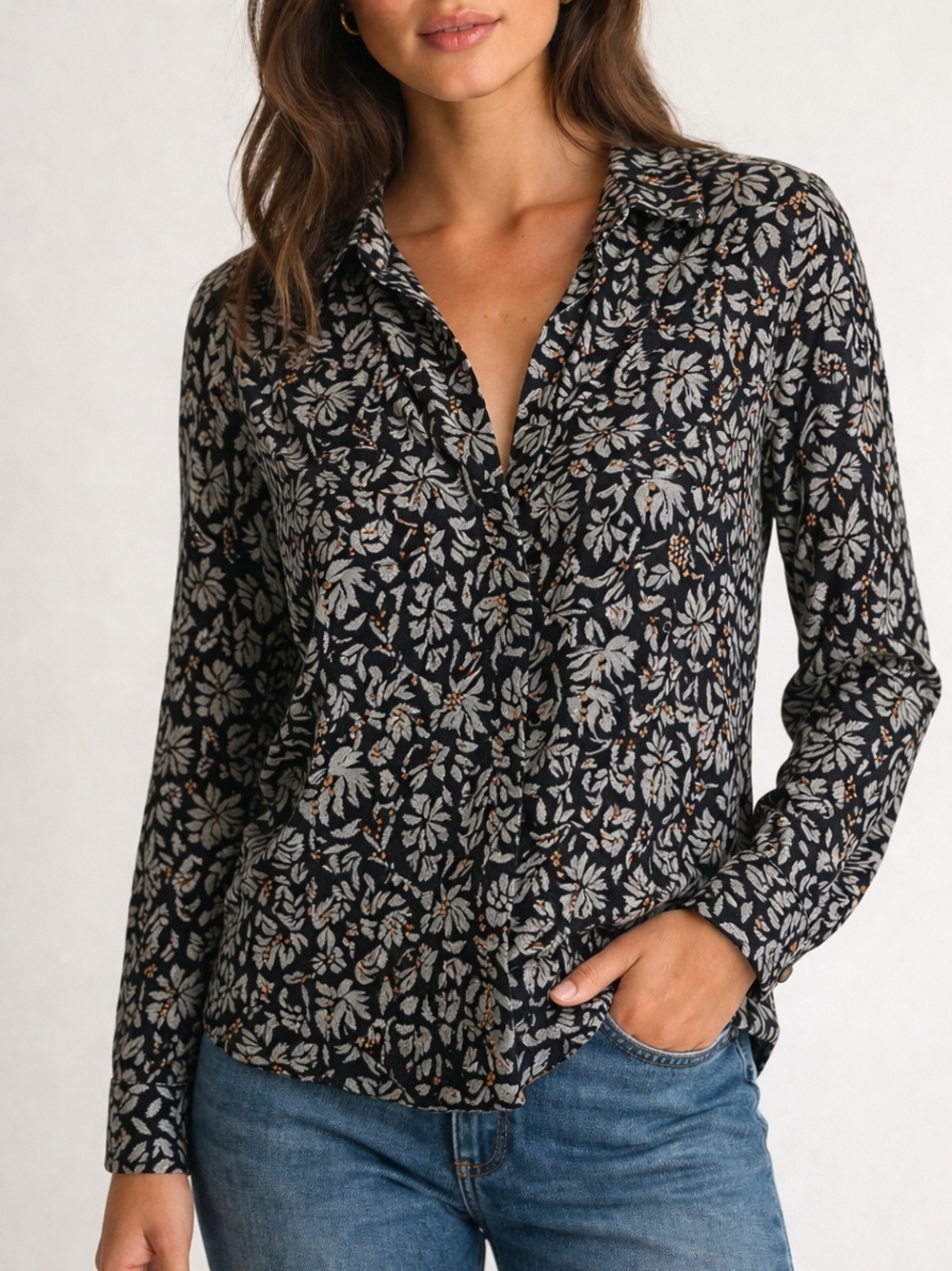 DREW. Black Floral Blouse Long Sleeve Lightweight Button Front Top